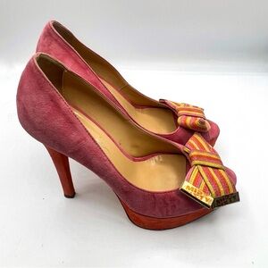 Miss Sixty Pink Suede Bow Peep-Toe High Heels – Size 37 (US 6.5-7)